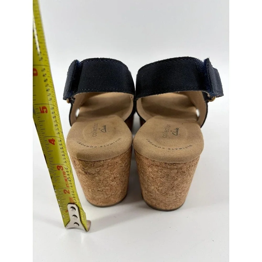Clarks Blue Suede Wedge Sandals Hook & Loop Ankle Strap Women's US 9